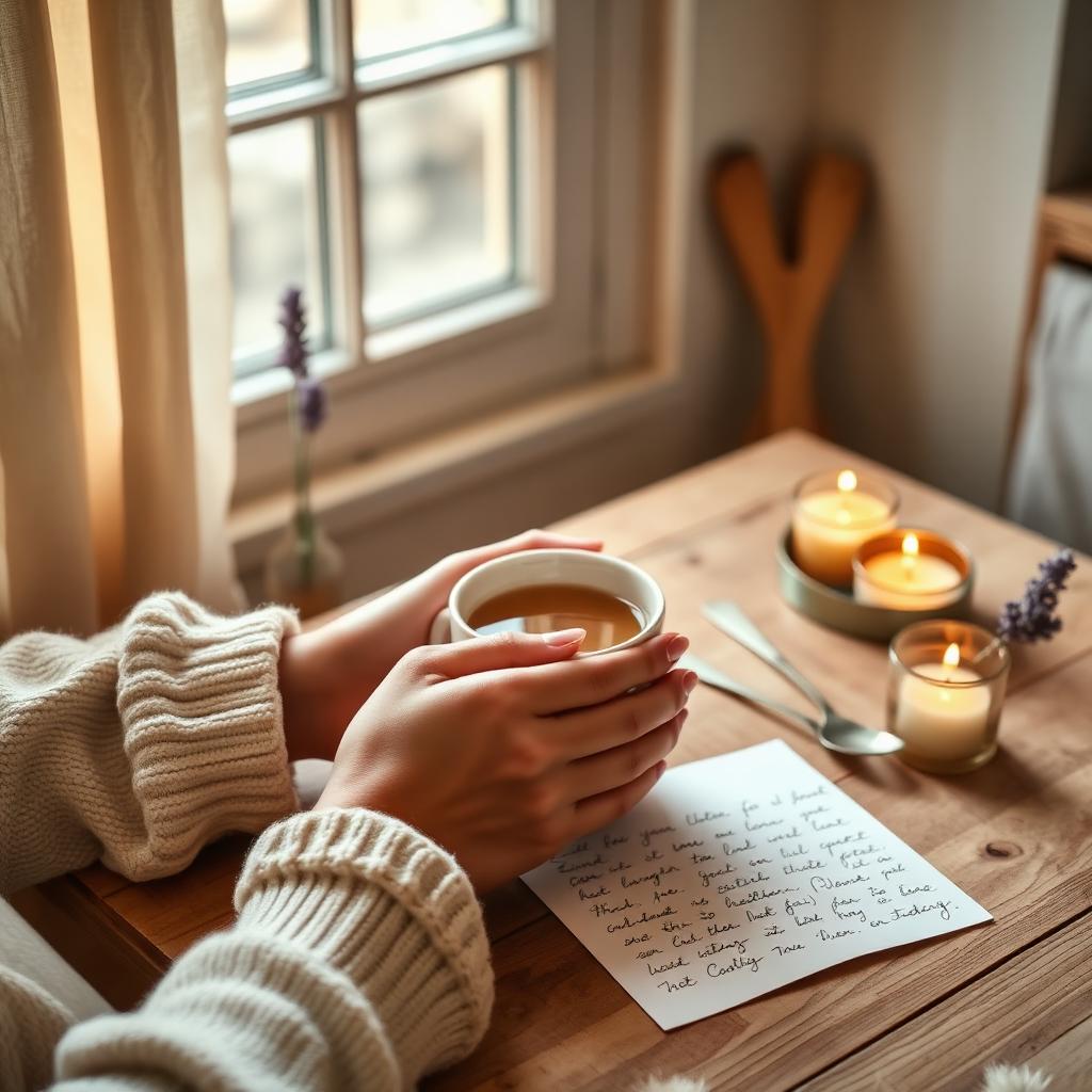 A woman's hands holding a warm mug of tea on a sunlit table with a handwritten letter and candles