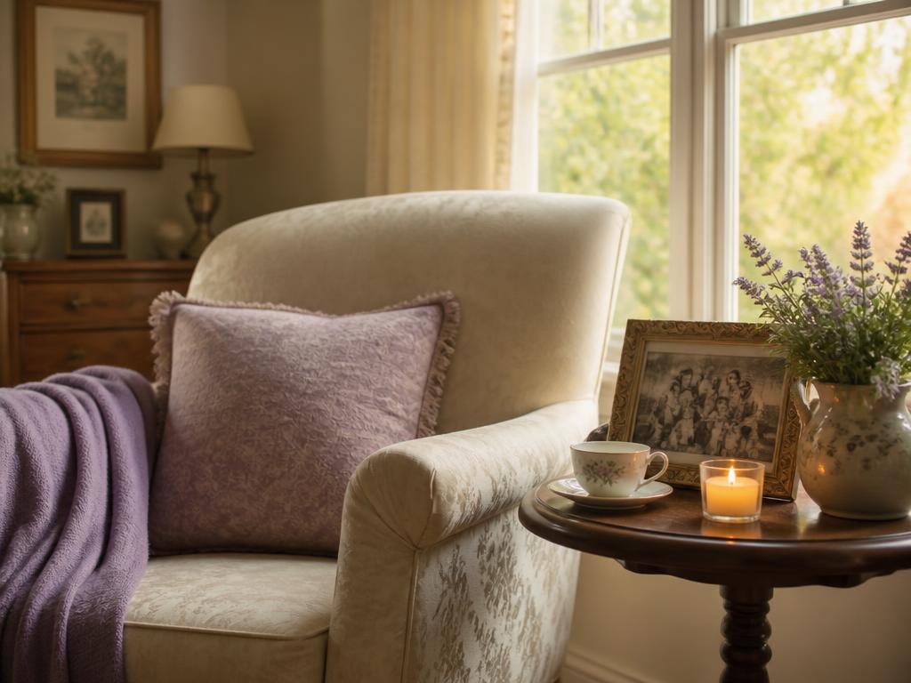 A sunlit armchair with a cup of tea, a framed family photograph, and a lit candle on a side table