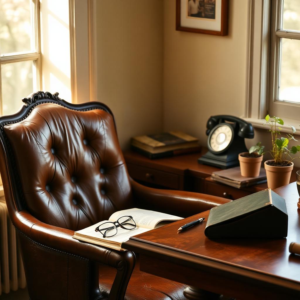A leather chair in a sunlit study with a vintage telephone, reading glasses, and an open book