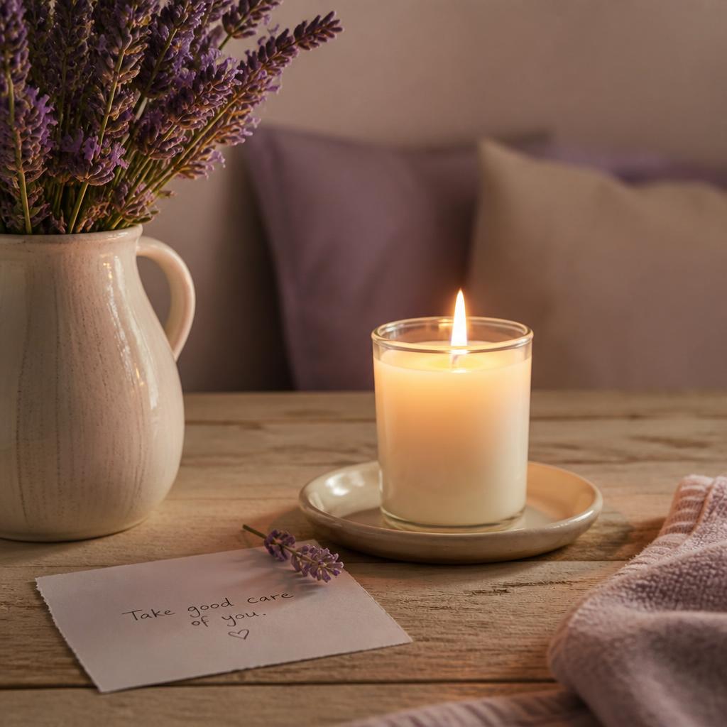 A single lit candle in a quiet room with soft cream and lavender tones