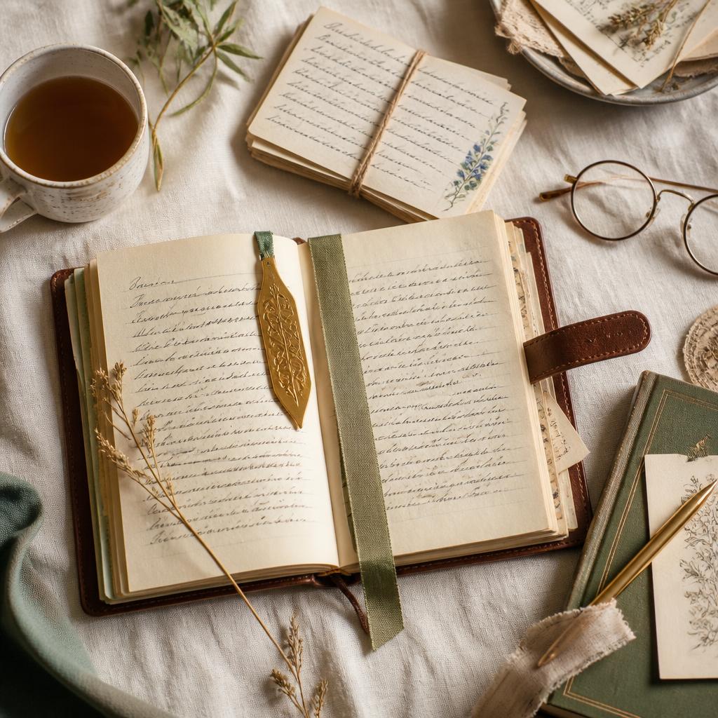 A well-loved notebook, recipe cards, bookmarks, reading glasses, and a cup of tea